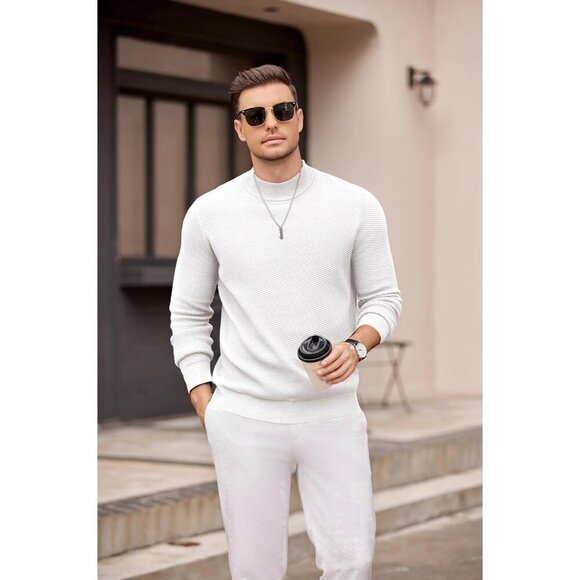 Coofandy Men White Mock Turtleneck Knitted Half Neck Pullover Sweaters - Picture 2 of 6